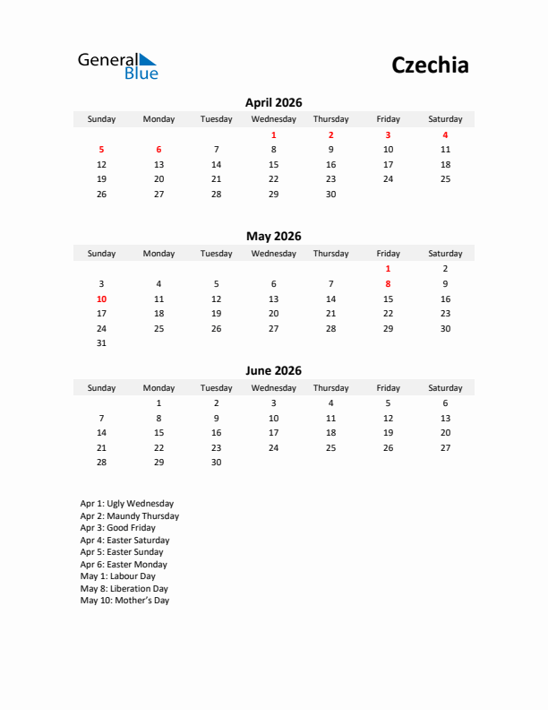 Printable Quarterly Calendar with Notes and Czechia Holidays- Q2 of 2026