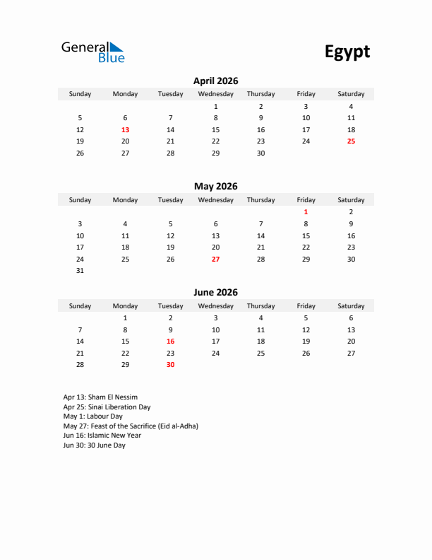 Printable Quarterly Calendar with Notes and Egypt Holidays- Q2 of 2026