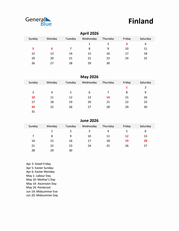 Printable Quarterly Calendar with Notes and Finland Holidays- Q2 of 2026