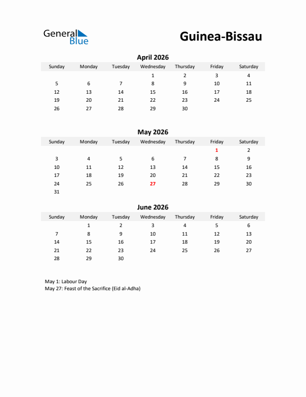 Printable Quarterly Calendar with Notes and Guinea-Bissau Holidays- Q2 of 2026