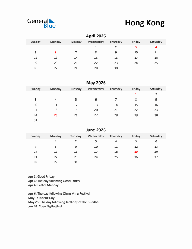 Printable Quarterly Calendar with Notes and Hong Kong Holidays- Q2 of 2026