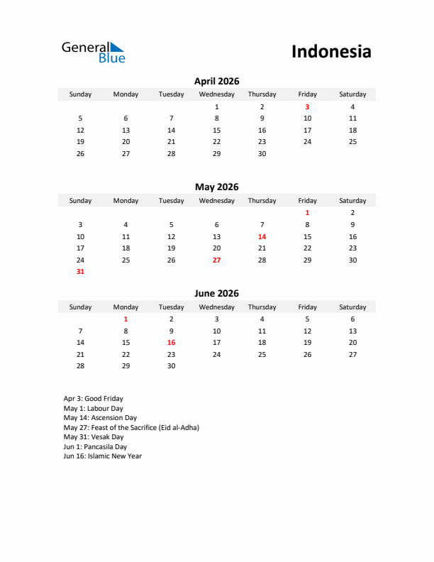 Printable Quarterly Calendar with Notes and Indonesia Holidays- Q2 of 2026