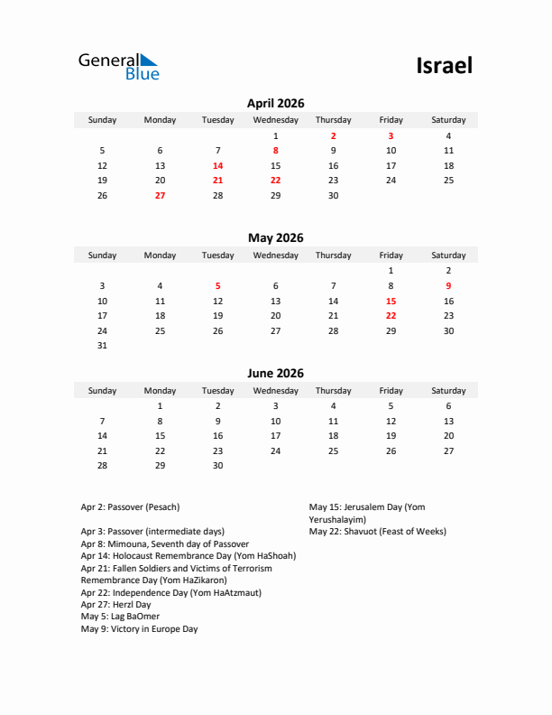 Printable Quarterly Calendar with Notes and Israel Holidays- Q2 of 2026