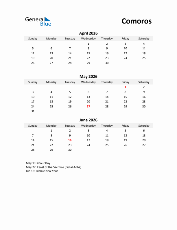 Printable Quarterly Calendar with Notes and Comoros Holidays- Q2 of 2026