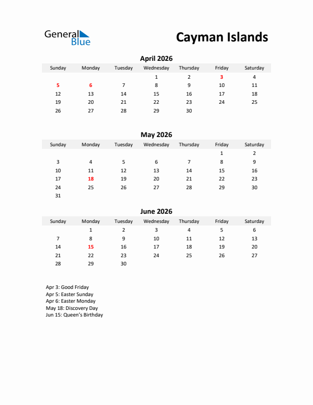 Printable Quarterly Calendar with Notes and Cayman Islands Holidays- Q2 of 2026