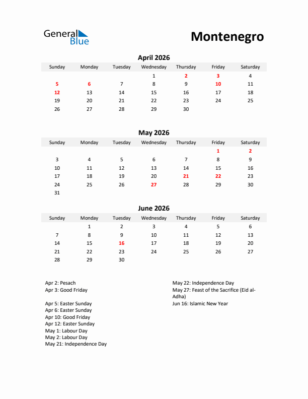 Printable Quarterly Calendar with Notes and Montenegro Holidays- Q2 of 2026