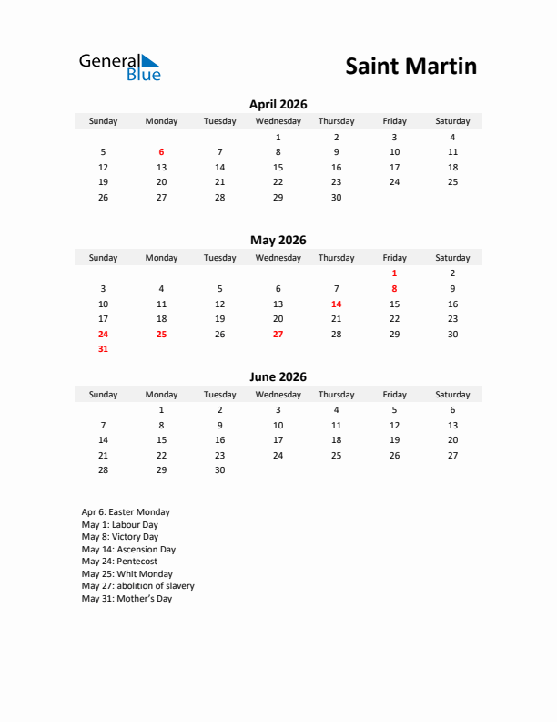 Printable Quarterly Calendar with Notes and Saint Martin Holidays- Q2 of 2026