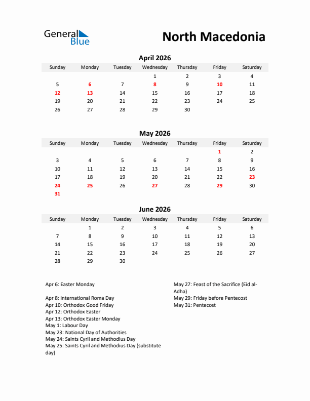 Printable Quarterly Calendar with Notes and North Macedonia Holidays- Q2 of 2026