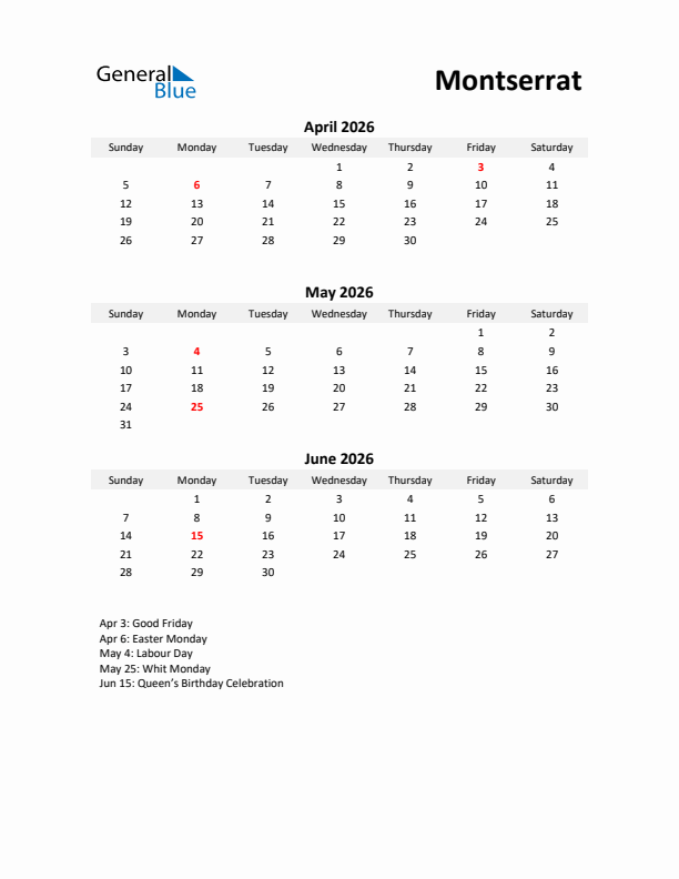 Printable Quarterly Calendar with Notes and Montserrat Holidays- Q2 of 2026