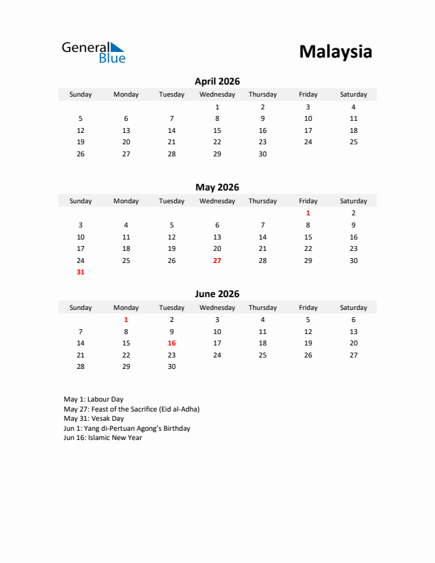 Printable Quarterly Calendar with Notes and Malaysia Holidays- Q2 of 2026