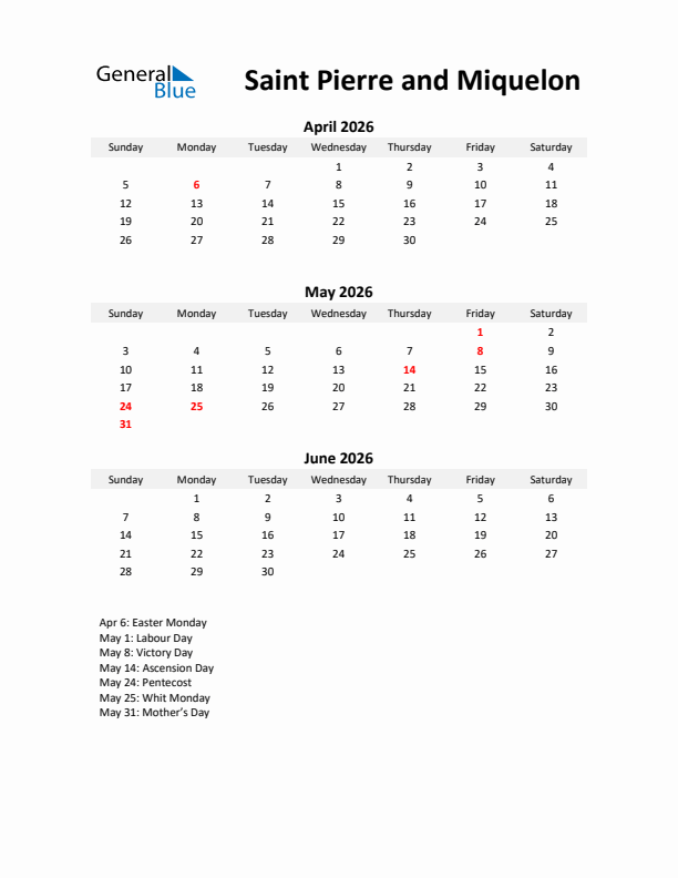 Printable Quarterly Calendar with Notes and Saint Pierre and Miquelon Holidays- Q2 of 2026