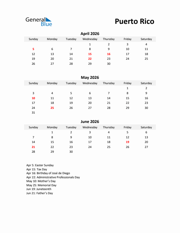 Printable Quarterly Calendar with Notes and Puerto Rico Holidays- Q2 of 2026