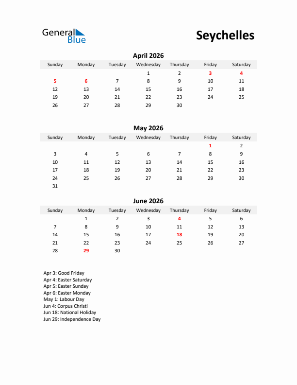Printable Quarterly Calendar with Notes and Seychelles Holidays- Q2 of 2026