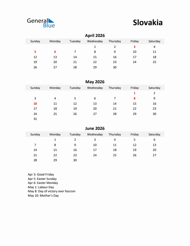 Printable Quarterly Calendar with Notes and Slovakia Holidays- Q2 of 2026