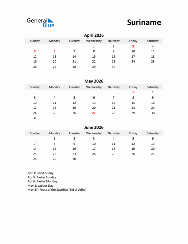 Printable Quarterly Calendar with Notes and Suriname Holidays- Q2 of 2026