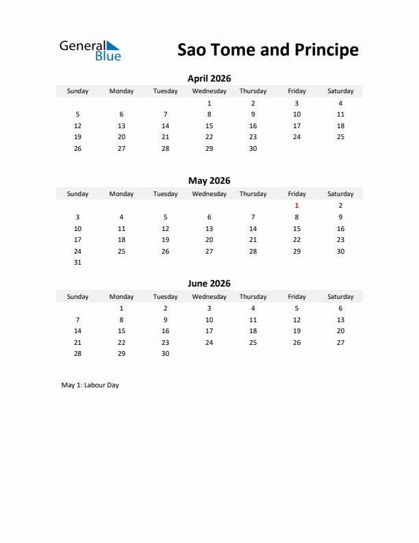 Printable Quarterly Calendar with Notes and Sao Tome and Principe Holidays- Q2 of 2026