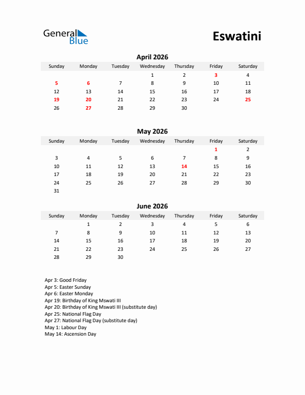 Printable Quarterly Calendar with Notes and Eswatini Holidays- Q2 of 2026