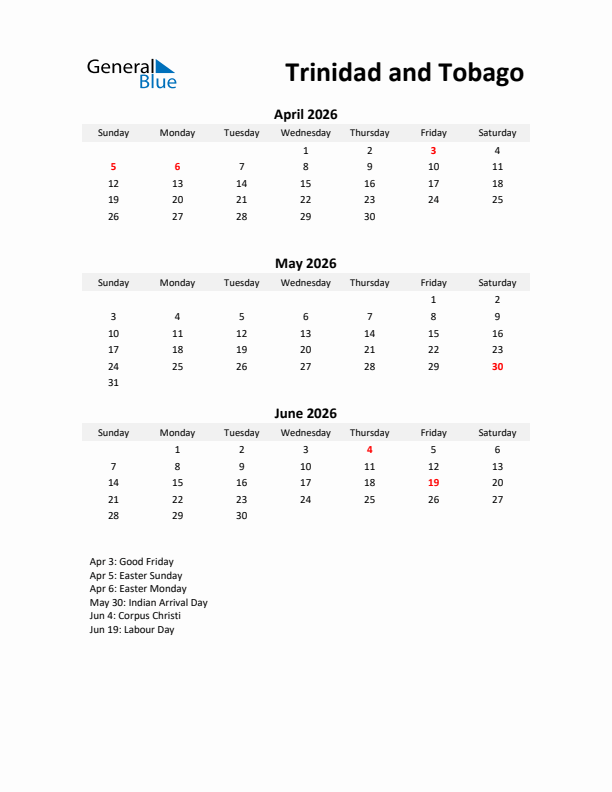 Printable Quarterly Calendar with Notes and Trinidad and Tobago Holidays- Q2 of 2026