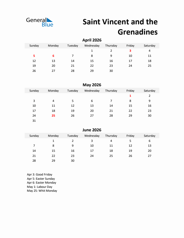 Printable Quarterly Calendar with Notes and Saint Vincent and the Grenadines Holidays- Q2 of 2026