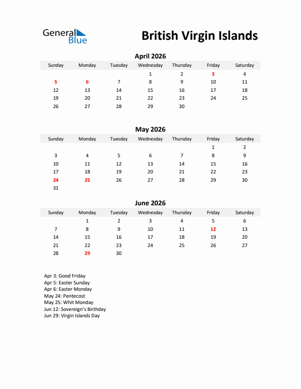 Printable Quarterly Calendar with Notes and British Virgin Islands Holidays- Q2 of 2026