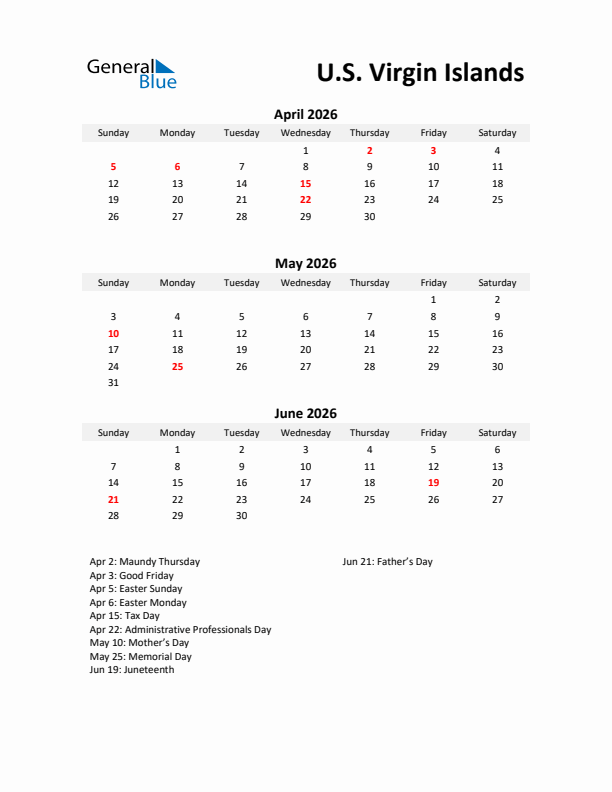 Printable Quarterly Calendar with Notes and U.S. Virgin Islands Holidays- Q2 of 2026