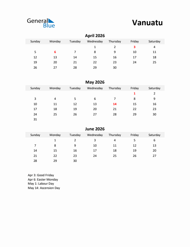 Printable Quarterly Calendar with Notes and Vanuatu Holidays- Q2 of 2026