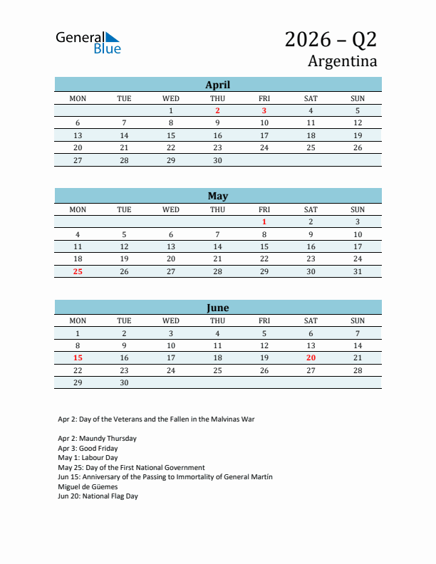 Three-Month Planner for Q2 2026 with Holidays - Argentina