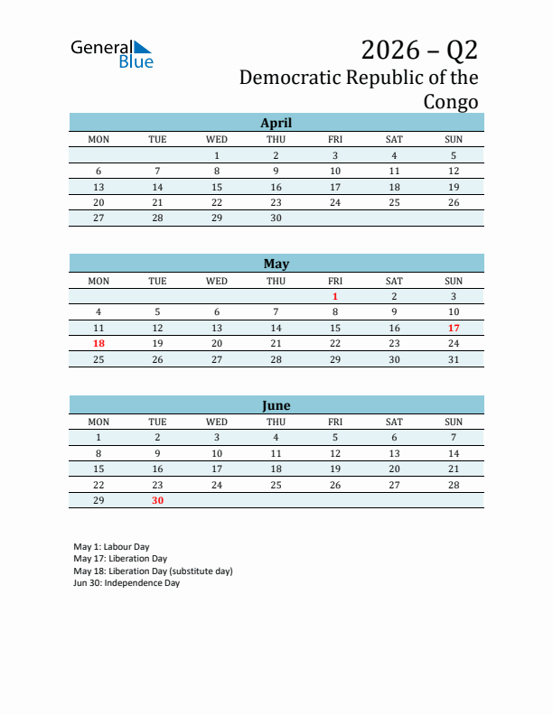 Three-Month Planner for Q2 2026 with Holidays - Democratic Republic of the Congo