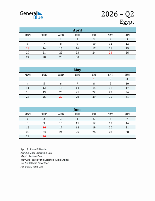 Three-Month Planner for Q2 2026 with Holidays - Egypt