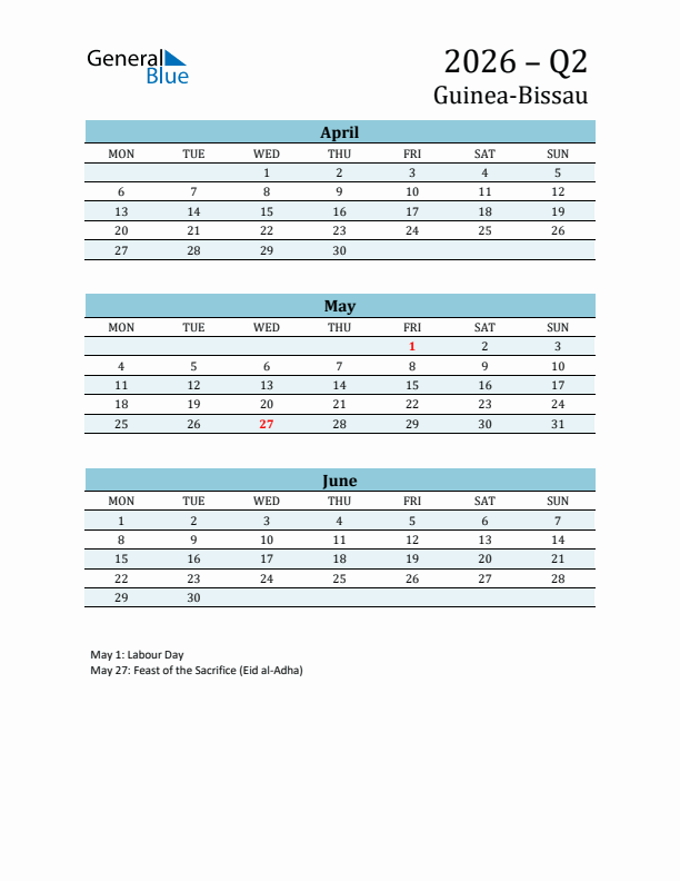 Three-Month Planner for Q2 2026 with Holidays - Guinea-Bissau