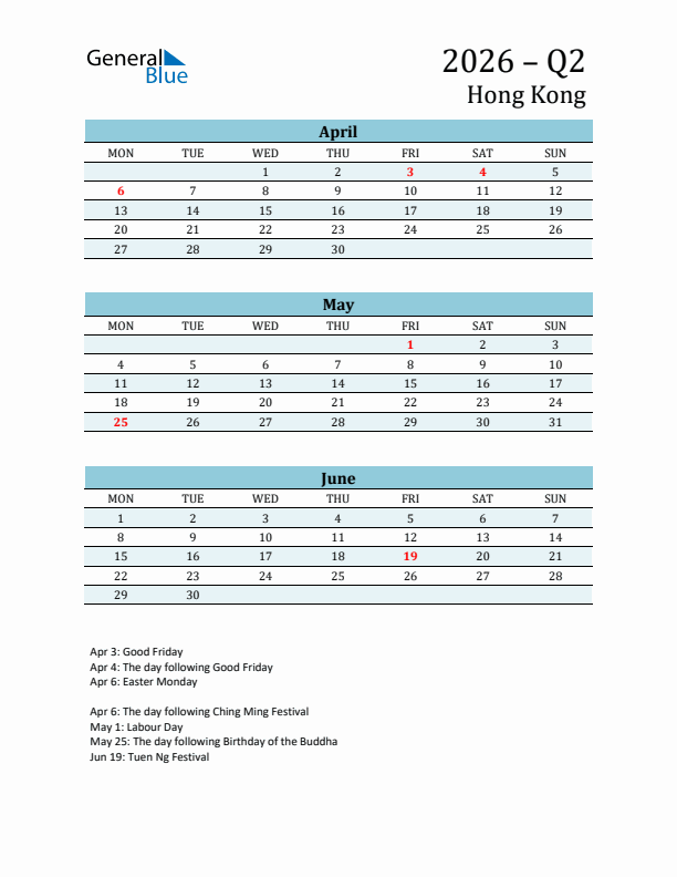 Three-Month Planner for Q2 2026 with Holidays - Hong Kong