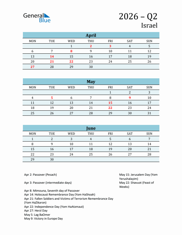 Three-Month Planner for Q2 2026 with Holidays - Israel