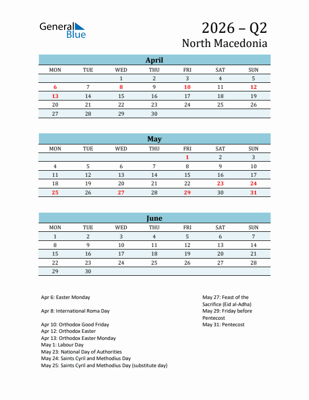Three-Month Planner for Q2 2026 with Holidays - North Macedonia