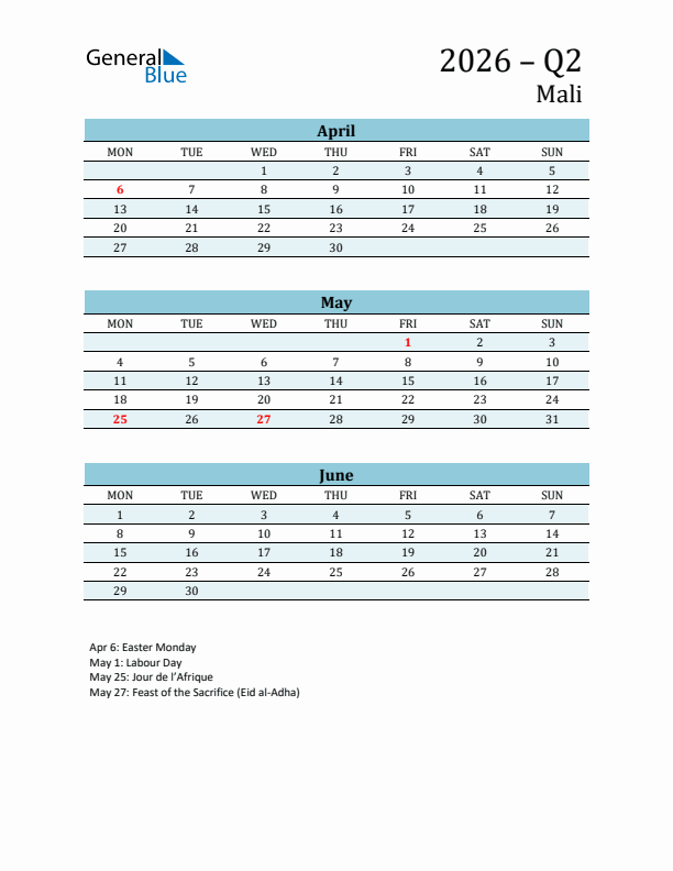 Three-Month Planner for Q2 2026 with Holidays - Mali