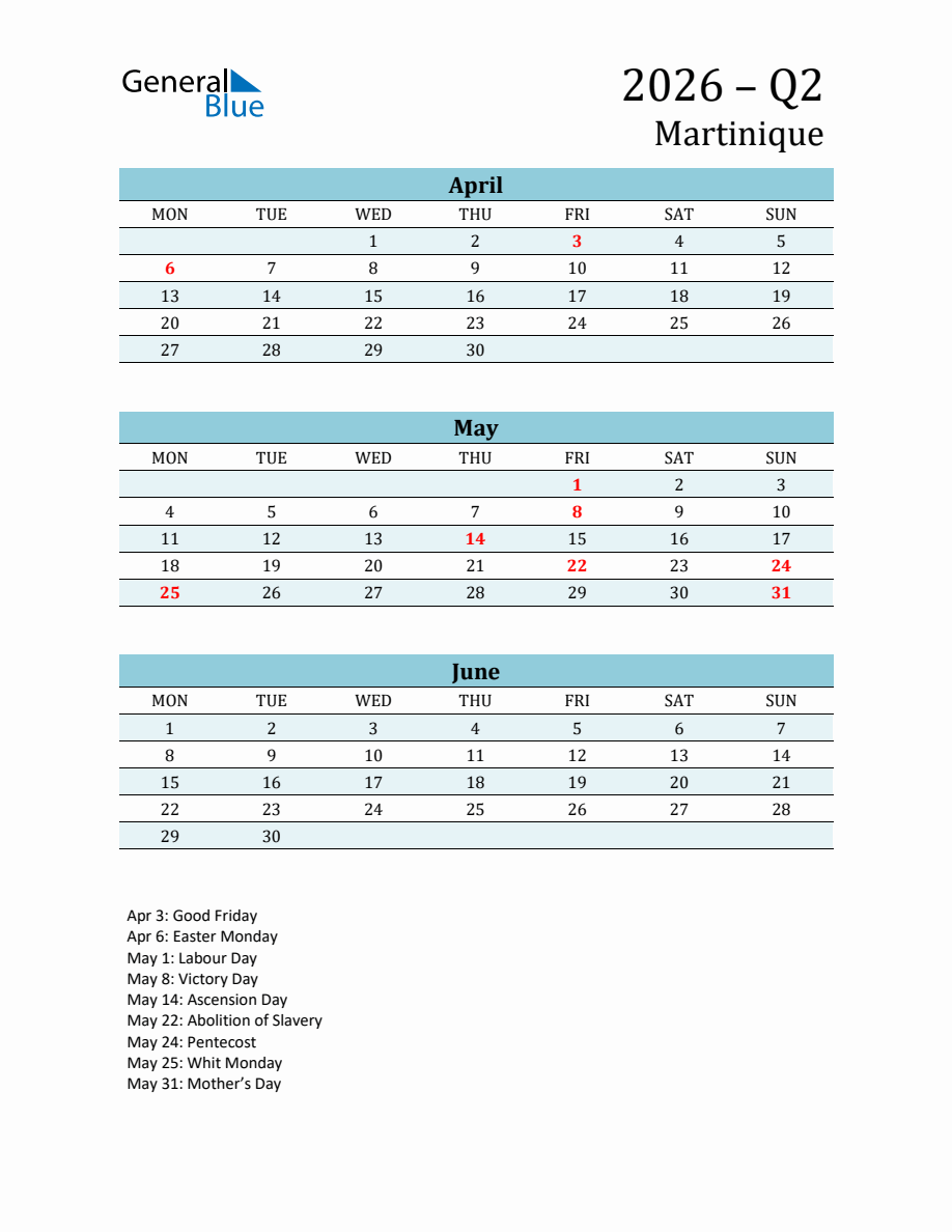 Three-Month Planner for Q2 2026 with Holidays in Martinique - Monday Start