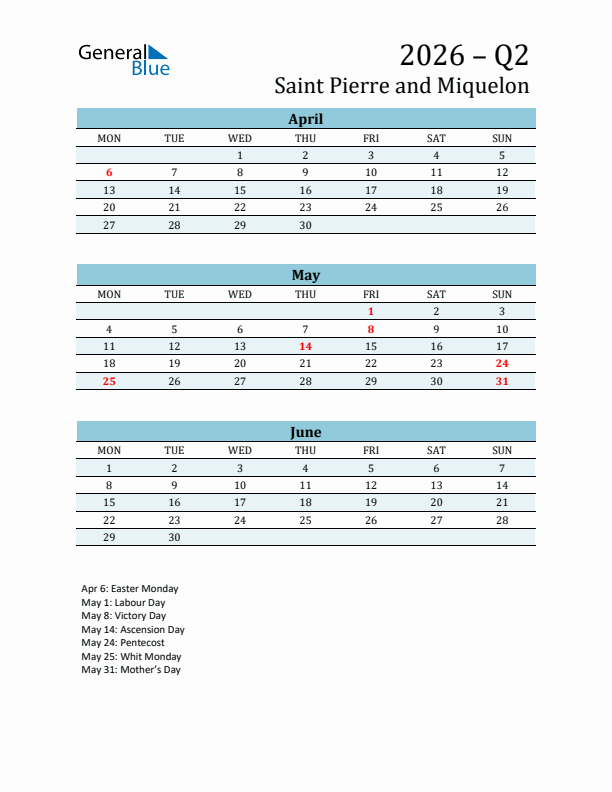 Three-Month Planner for Q2 2026 with Holidays - Saint Pierre and Miquelon