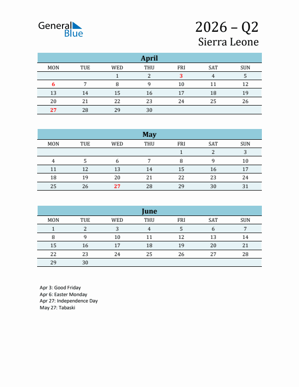 Three-Month Planner for Q2 2026 with Holidays - Sierra Leone