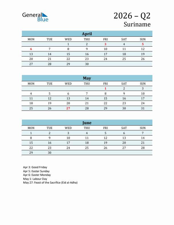 Three-Month Planner for Q2 2026 with Holidays - Suriname