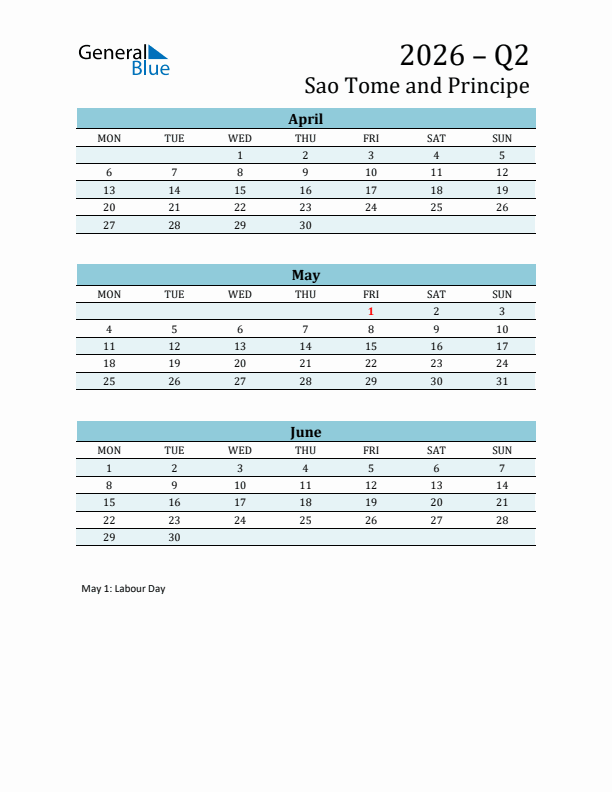 Three-Month Planner for Q2 2026 with Holidays - Sao Tome and Principe