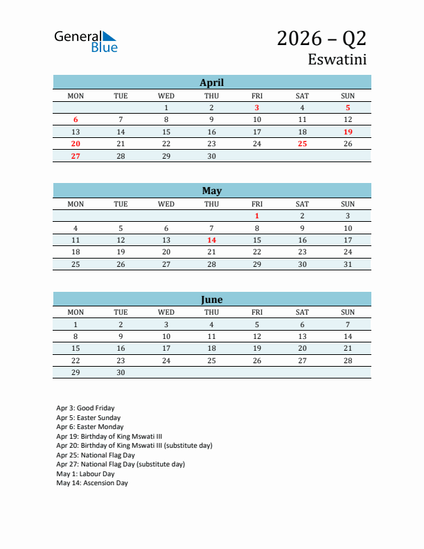 Three-Month Planner for Q2 2026 with Holidays - Eswatini
