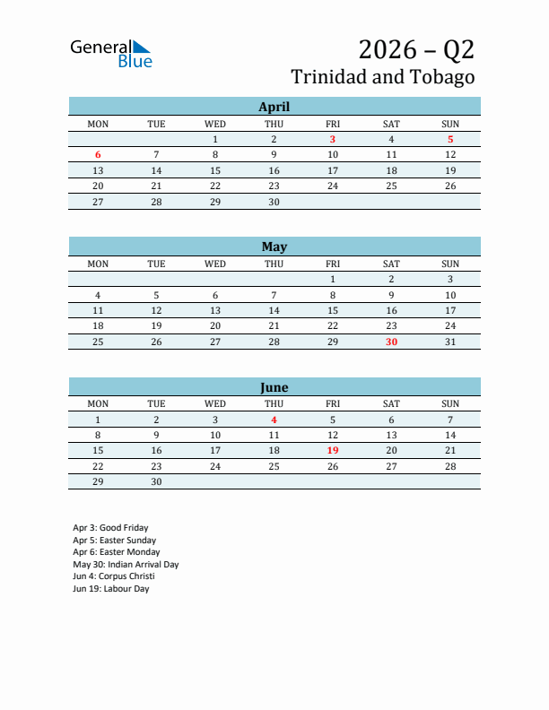 Three-Month Planner for Q2 2026 with Holidays - Trinidad and Tobago