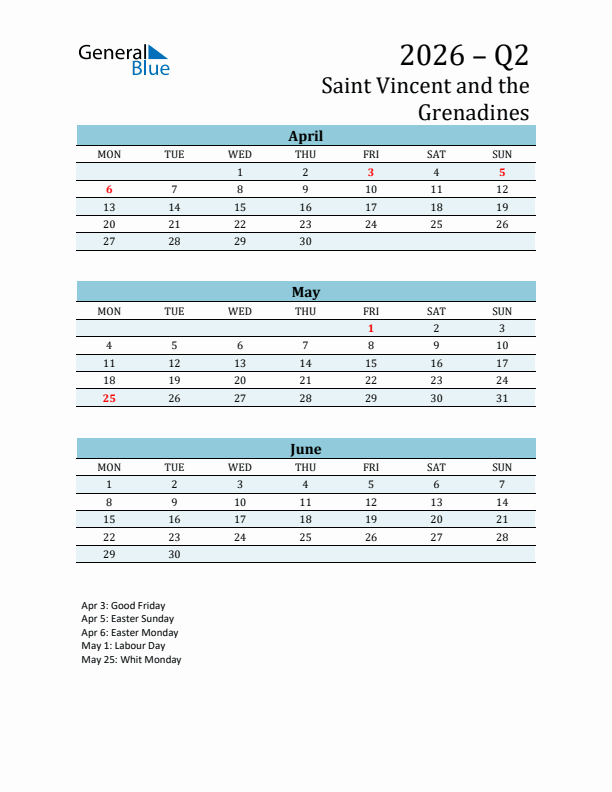 Three-Month Planner for Q2 2026 with Holidays - Saint Vincent and the Grenadines