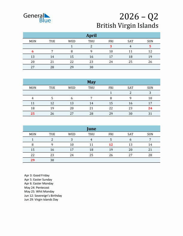 Three-Month Planner for Q2 2026 with Holidays - British Virgin Islands