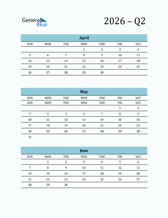 Quarter 2 2026 calendar template