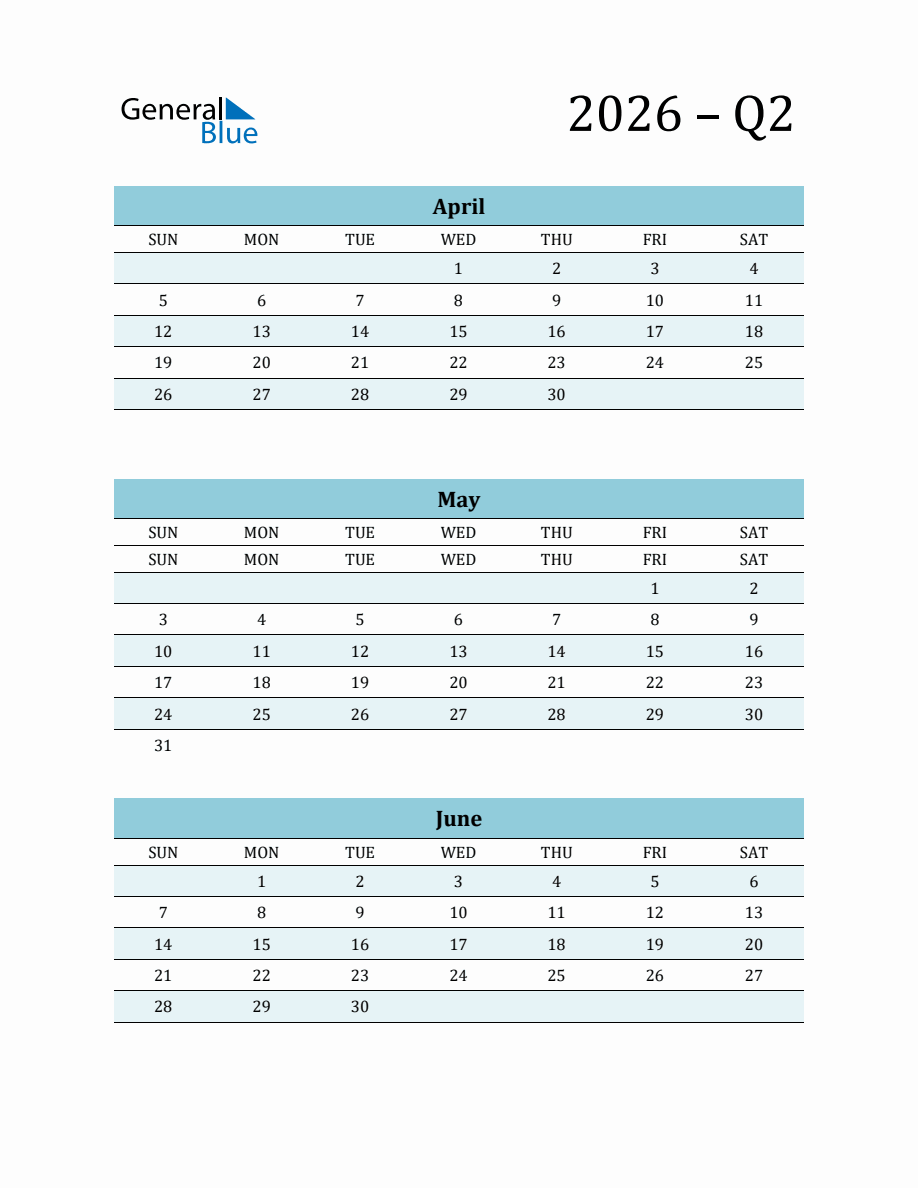 Blank Q2 Quarterly Calendar 2026 (April, May and June)