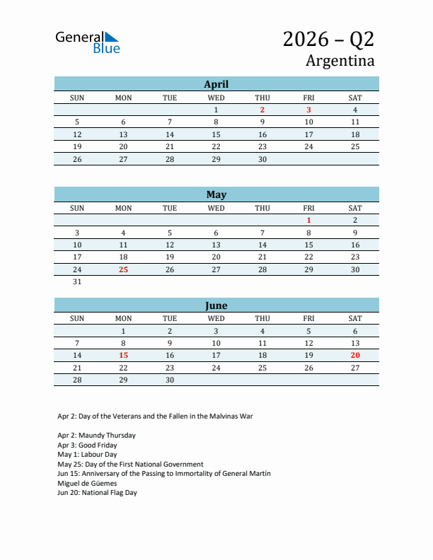Three-Month Planner for Q2 2026 with Holidays - Argentina