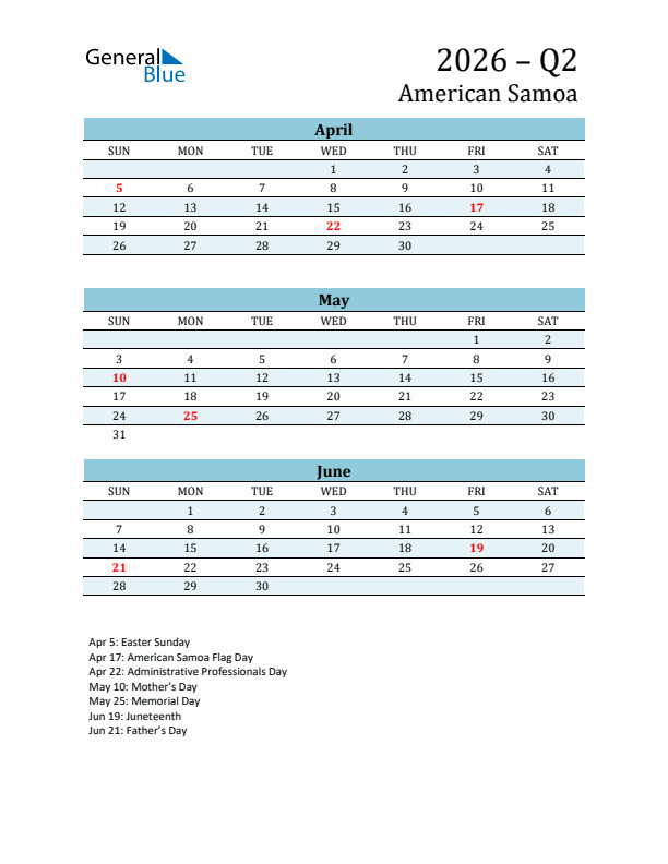 Three-Month Planner for Q2 2026 with Holidays - American Samoa