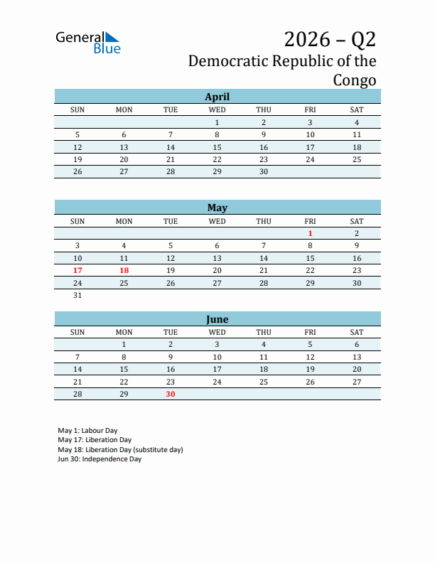 Three-Month Planner for Q2 2026 with Holidays - Democratic Republic of the Congo