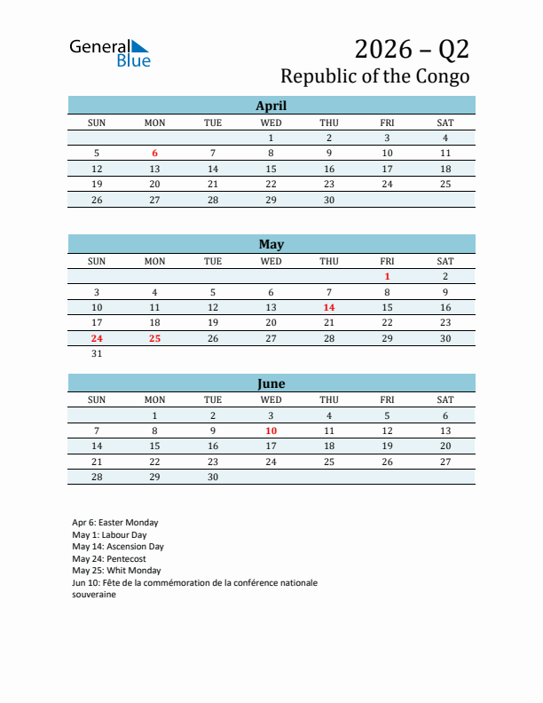 Three-Month Planner for Q2 2026 with Holidays - Republic of the Congo