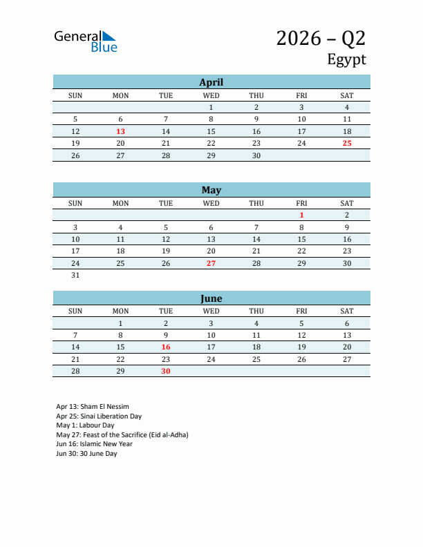 Three-Month Planner for Q2 2026 with Holidays - Egypt